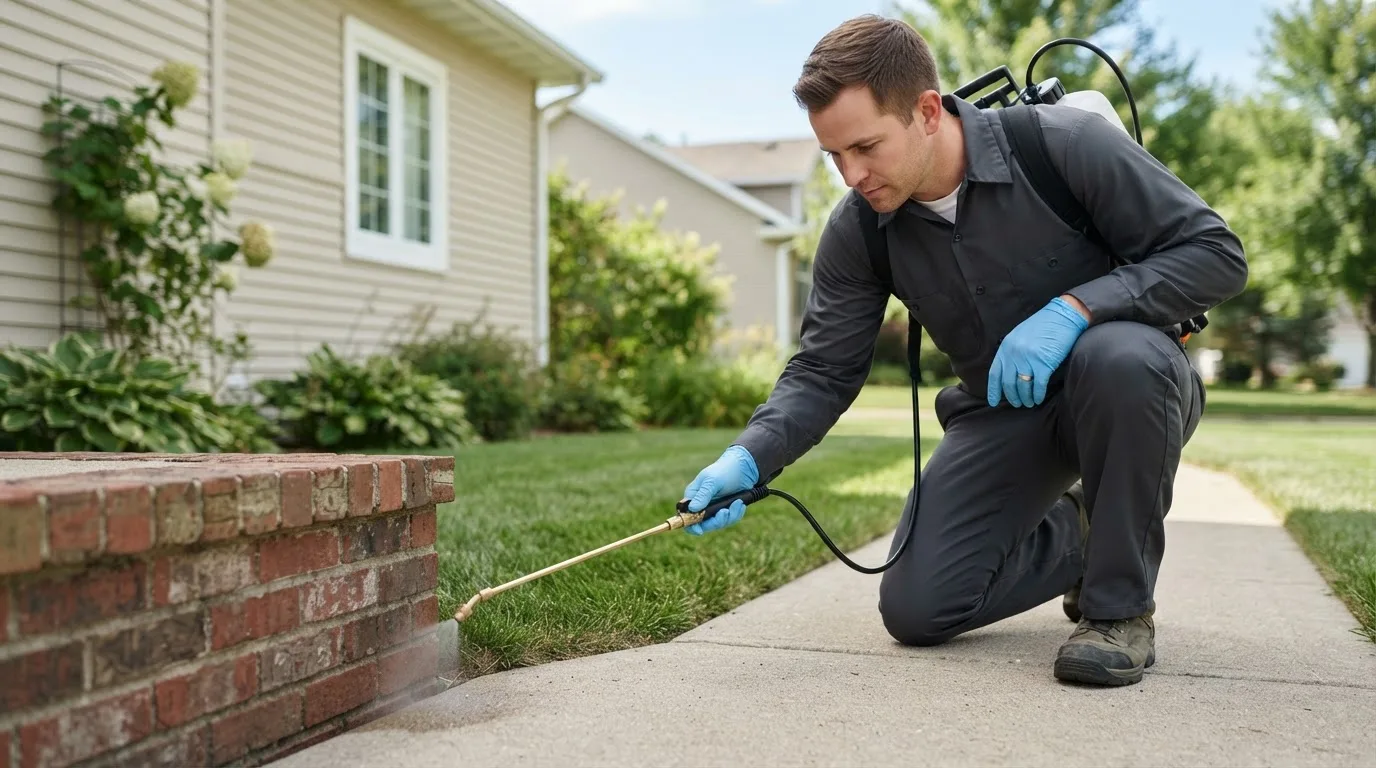 Pest control technician treating a home near Brunswick, ME